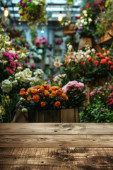 A wooden counter in the foreground with a blurred background of a flower shop. The background features various bouquets, potted plants, floral arrangements, and a colorful, fragrant display.