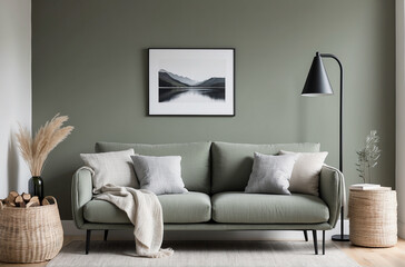 Simple Living Room with Couch, Coffee Table, and Wicker Basket