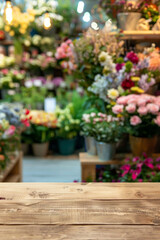Fototapeta premium A wooden counter in the foreground with a blurred background of a flower shop. The background features various bouquets, potted plants, floral arrangements, and a colorful, fragrant display.