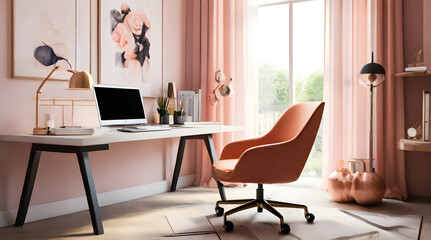 Inspiring Chic Home Office, Statement Desk and Ergonomic Chair for Maximum Creativity and Productivity, Stylish Workspace, Modern Design