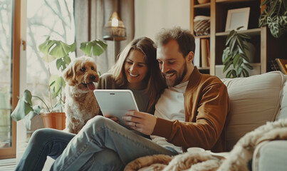 Happy young couple using tablet PC and sitting with dog on sofa