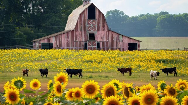 A smaller barn painted in a faded rose red, standing in the middle of a sunflower field. The bright yellow flowers contrast beautifully with the barna.