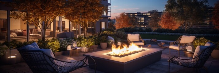 outdoor seating area with several chairs arranged around a fire pit on residential house terrace