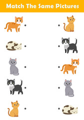 Picture Matching Worksheet for Preschool. Educational activity with cute cat illustration. Educational fun game for children.