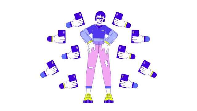 Fans taking photos of fashion idol line 2D animation. Fashion influencer korean female model posing 4K video motion graphic. Public figure linear animated cartoon flat concept, white background