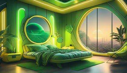 Solarpunk inspired Futuristic Sustainable Bedroom Interior with Green and Yellow Lighting Concept Art