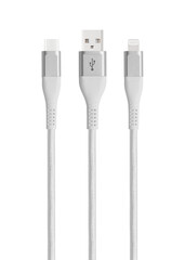 White cable for charging and synchronization with Type - C, USB, Micro USB, Lightning connectors on a white background close-up