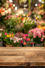 Naklejka premium A wooden counter in the foreground with a blurred background of a flower shop. The background features various bouquets, potted plants, floral arrangements, and a colorful, fragrant display.