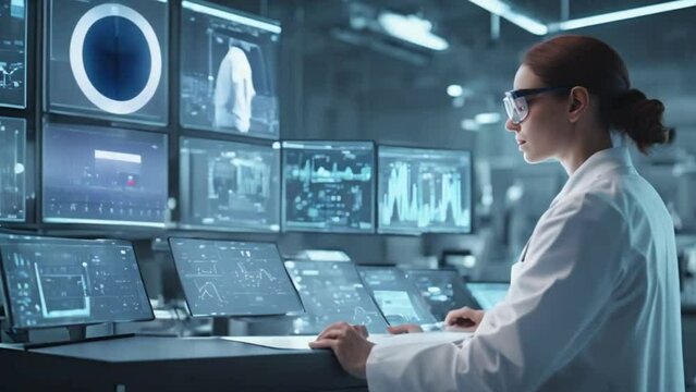 An expert is studying data in a modern research facility