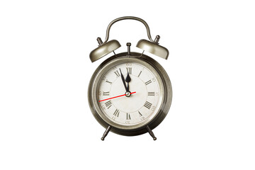 retro clock, pointer clock, brown color alarm clock on isolated white background close up