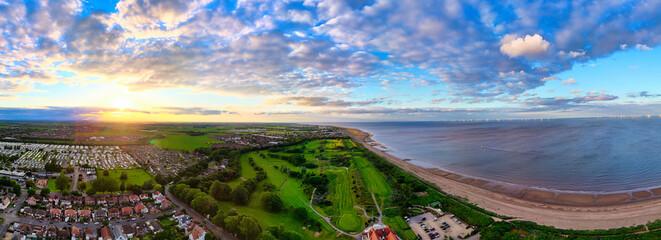 Sunset Aerial Panoramic View of the UK Seaside Skegness, a busy tourist town with something for...