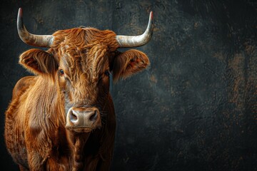 Naklejka premium Brown cow with horns or buffalo on a black background, copy space