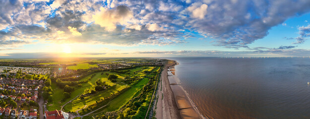 Sunset Aerial Panoramic View of the UK Seaside Skegness, a busy tourist town with something for...