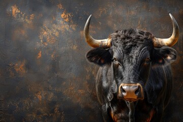 Naklejka premium Black cow with horns or buffalo on a black background, copy space