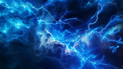 Obraz premium Lightning, electric thunderbolt strike of blue color during night storm, impact, crack, magical energy flash