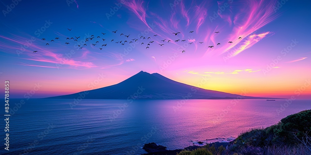 Wall mural a beautiful sunset over the ocean with a mountain in the background - Wall murals