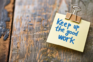  Motivational Note Saying "Keep Up The Good Work" Attached to Wooden Surface