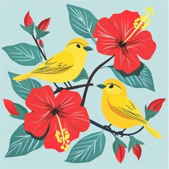 Fototapeta premium Charming Illustration of a Yellow Bird Among Vibrant Red Tropical Flowers - Generative AI