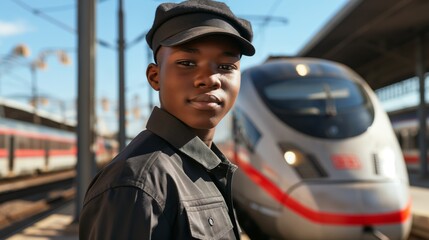 Young Man Wearing a Black Cap and Jacket Stands Near a Train Platform