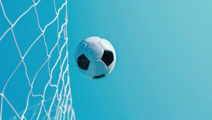 Minimalist Soccer Scene: Ball at Rest in Goal on a Stark Blue Field, Generative AI