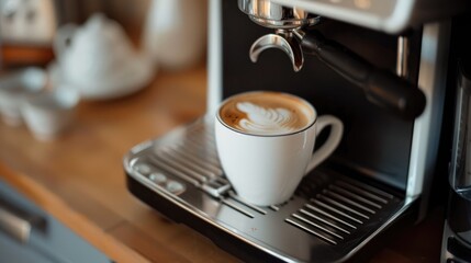 Close-up of a coffee machine with a cup of coffee. Professional coffee brewing. Preparation of fresh delicious natural coffee.