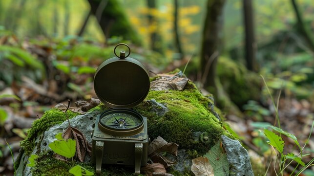 An antique military compass on a mossy stone in a forest, symbolizing life's journey and wisdom in retirement.