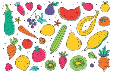 Colorful Array of Hand-Drawn Fruits and Vegetables in a Vibrant Illustration Style Generative AI