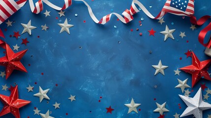 Red, White, and Blue Stars and Ribbons on Blue Background for Fourth of July