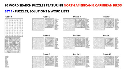 Educational Word Search Puzzles Featuring North American and Caribbean Birds for Classroom and Home Use - Set 1 of 5
