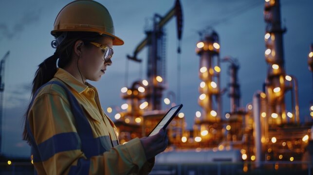 A woman wearing a yellow safety vest and a hard hat is looking at a tablet