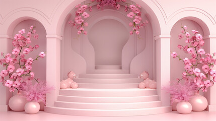 Front view of white podium with and flower in beige background for advertising , abstract content. Pedestal for cosmetic product and packaging mockups display presentation