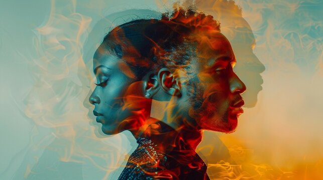 Photo collage of faces in profile of a young African American man and woman looking in different directions. Couple relationship concept