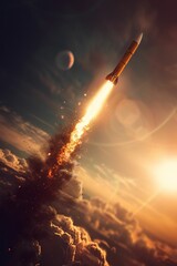 Rocket Launching into the Sky at Sunrise. Generative ai