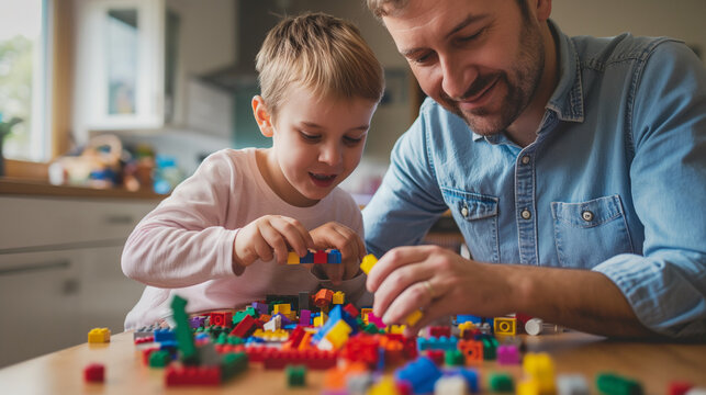 Father and children playing colorful bricks in the house, Happy Father Day, Photo shot, Natural light day