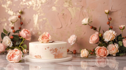 Front view of white podium with and flower in beige background for advertising , abstract content. Pedestal for cosmetic product and packaging mockups display presentation