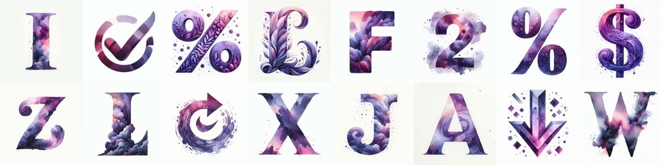 Violet watercolor Lettering Typeface. AI generated illustration