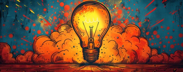 Comic book-style light bulb icon with vibrant cloud background