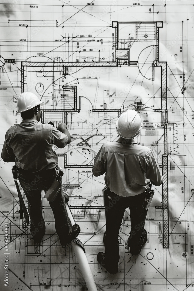 Aufkleber engineers reviewing blueprints for precise analysis of structural details