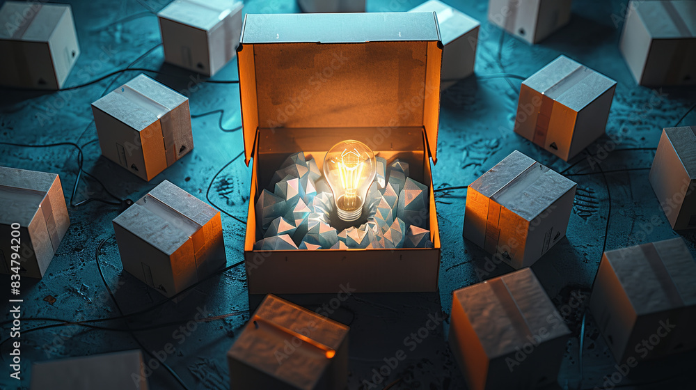 Poster unveiling brilliance with glowing light bulb in open box surrounded by square cartons.