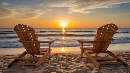 A solitary beach chair facing the ocean at sunrise, inviting relaxation and contemplation