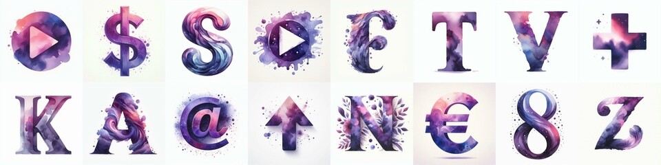 Violet watercolor Lettering Typeface. AI generated illustration