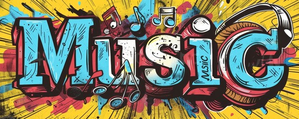 Colorful graphic of the word music with decorative musical elements on a yellow background