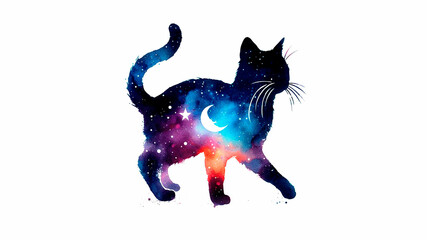 Cat silhouette paint brush strokes and patter  with starry sky  in watercolor