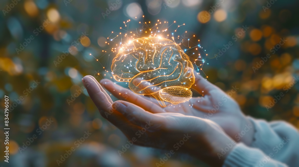 Aufkleber A hand holding a glowing brain with sparkles, against a bokeh background, concept of idea generation. Generative AI