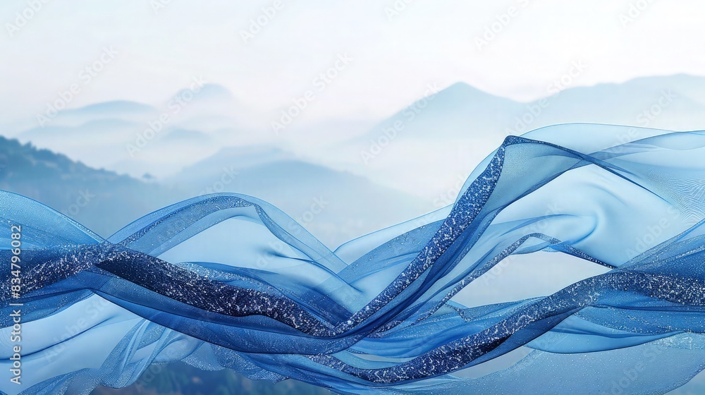 Poster a calming abstract background with transparent fabric waves flowing softly, adorned with a blue glit