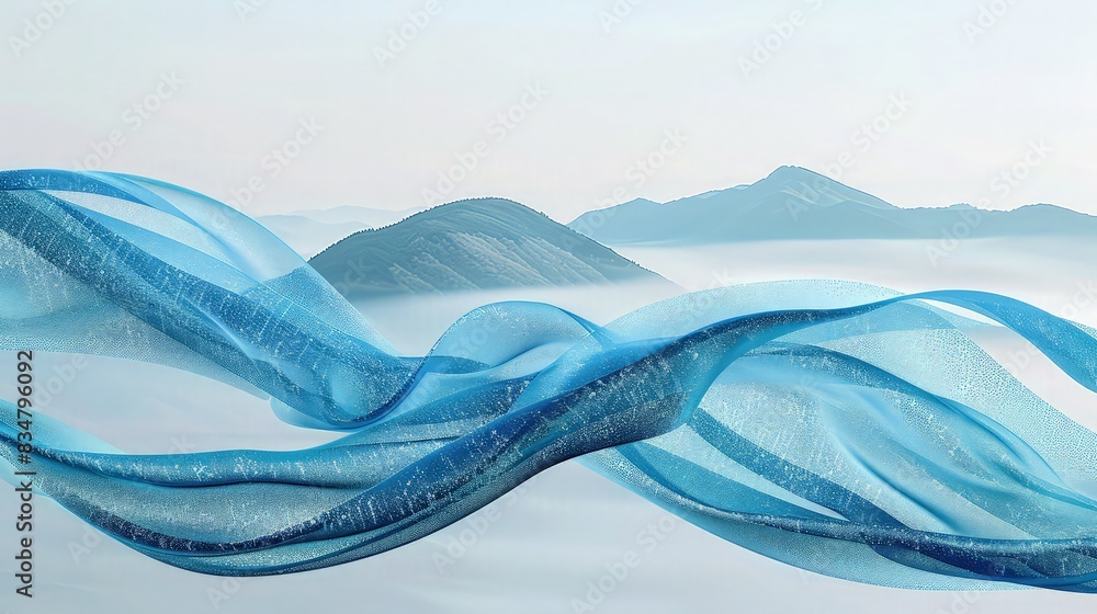 Poster a calming abstract background with transparent fabric waves flowing softly, adorned with a blue glit