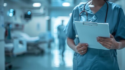 Medical professional in scrubs holding a clipboard and taking notes in a hospital corridor, with medical equipment in the background.