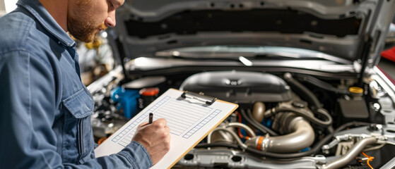 Professional car repairman writes checklist by open engine.
