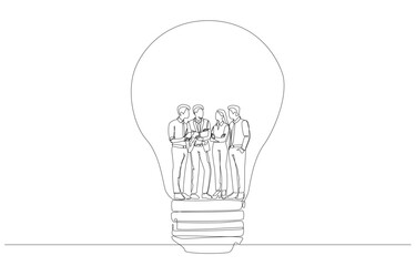 Continuous one line drawing of young businesspeople discussing work inside big light bulb, working under same organizational attitude concept, single line art.