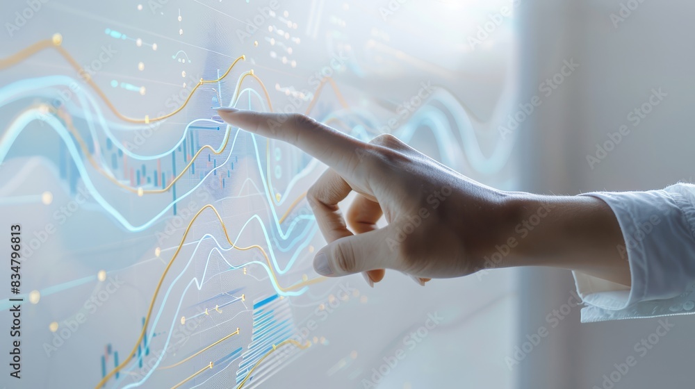 Poster A hand pointing at a digital data visualization, highlighting advanced data analysis, market trends, and modern technology in a bright setting.
